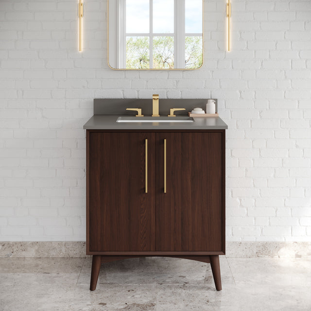 Jeffrey Alexander Dashwood Dark Walnut Single Sink Bathroom Vanity with Grey Quartz Top - Single-Hole Faucet Top - VKITDAS30DWGQR