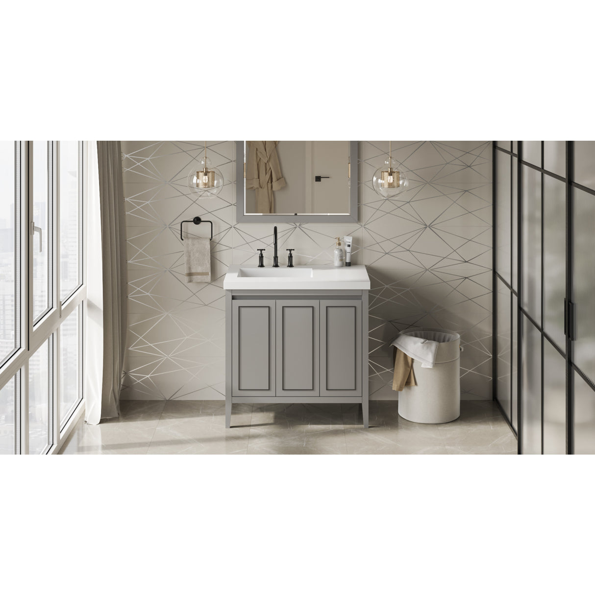 Jeffrey Alexander Percival 37" Grey Single Sink Bathroom Vanity with White Resin Top - 8 in. Widespread Faucet Top