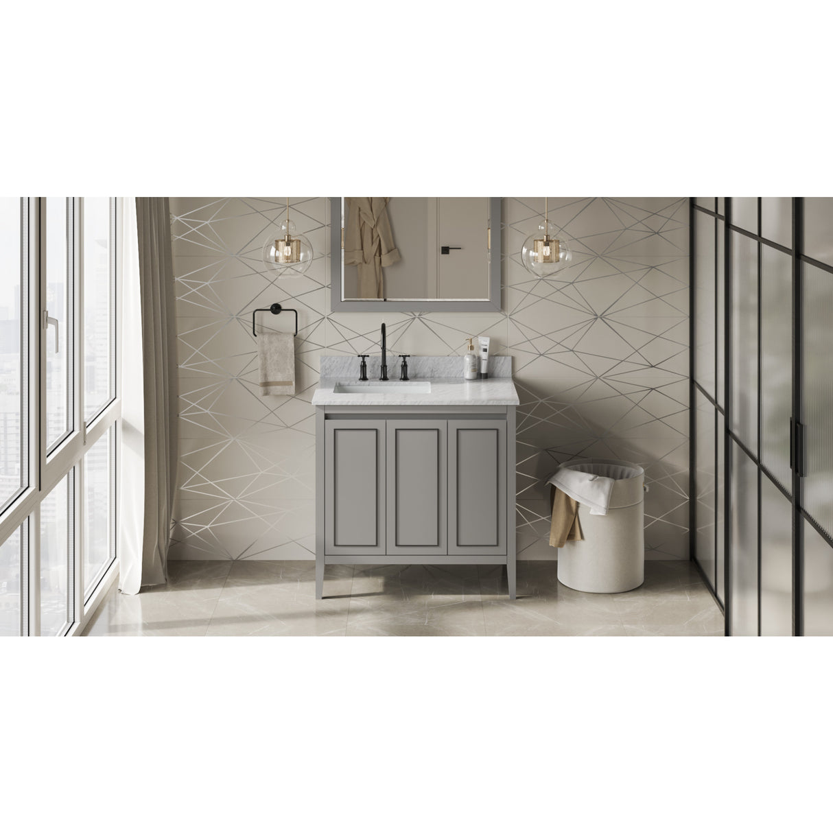 Jeffrey Alexander Percival 36" Grey Single Sink Bathroom Vanity with White Carrara Marble Top - 8 in. Widespread Faucet Top