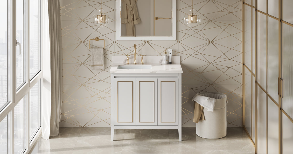 Jeffrey Alexander Percival 36" White Single Sink Bathroom Vanity with Calacatta Vienna Quartz Top - 8 in. Widespread Faucet Top product image 7