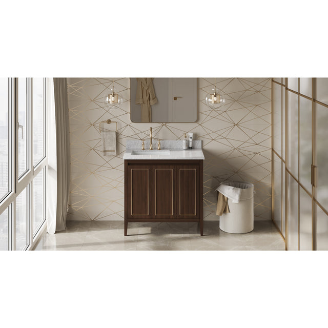 Jeffrey Alexander Percival 36" Dark Walnut Single Sink Bathroom Vanity with White Carrara Marble Top - 8 in. Widespread Faucet Top