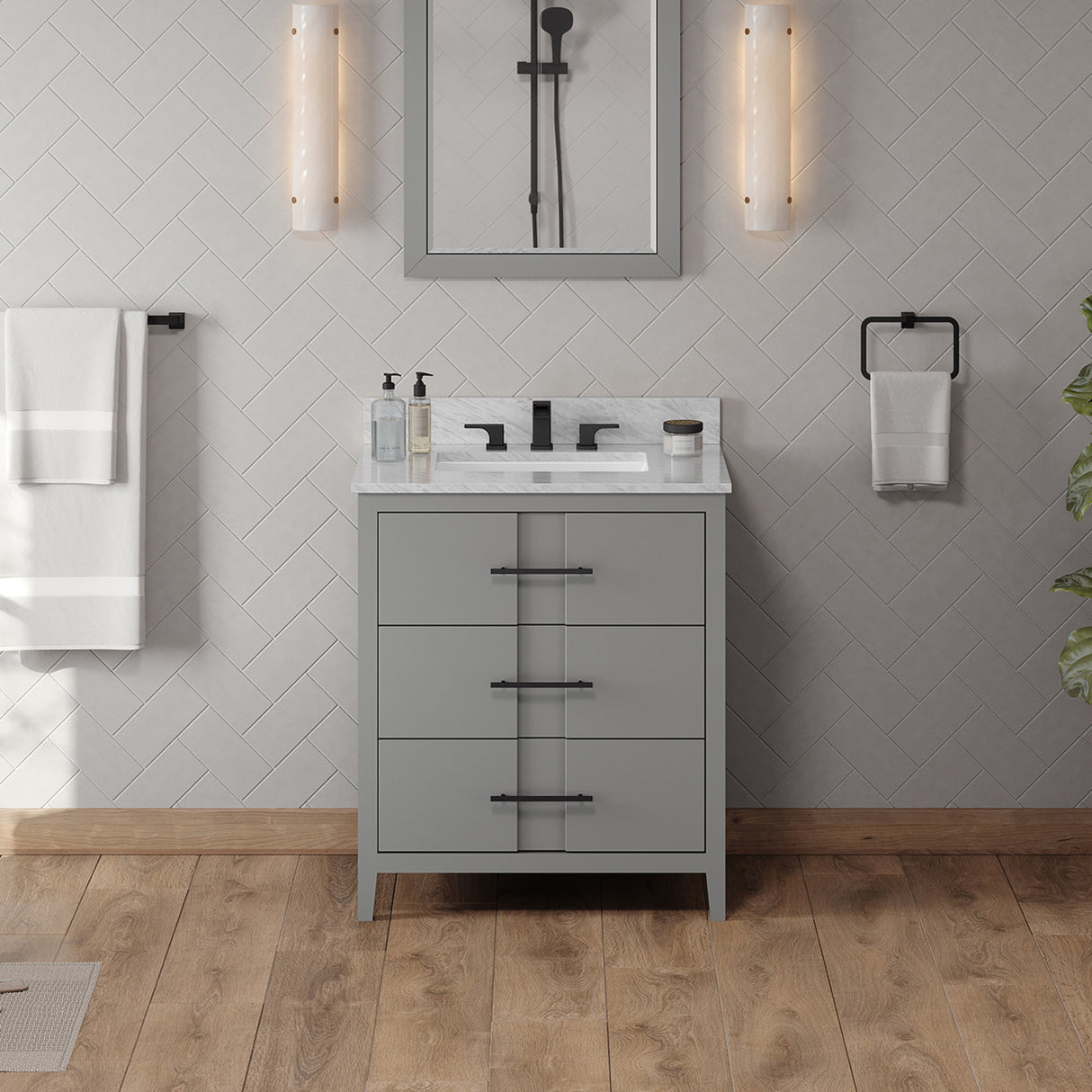 Jeffrey Alexander Katara 30" Grey Single Sink Bathroom Vanity with White Carrara Marble Top - 8 in. Widespread Faucet Top product image 2