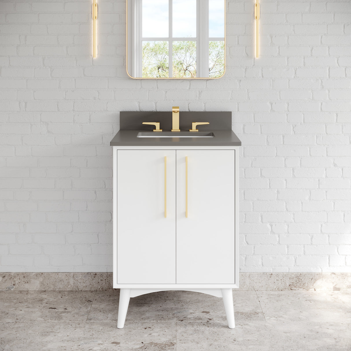 Jeffrey Alexander Dashwood White Single Sink Bathroom Vanity with Grey Quartz Top - Single-Hole Faucet Top - VKITDAS24WHGQR