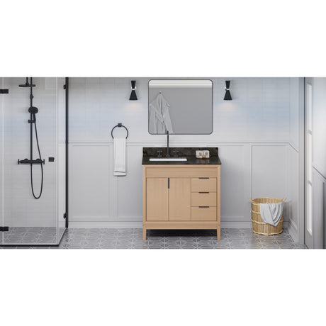 Jeffrey Alexander Theodora 36" Natural Oak Single Sink Bathroom Vanity with Blue Limestone Top - 8 in. Widespread Faucet Top