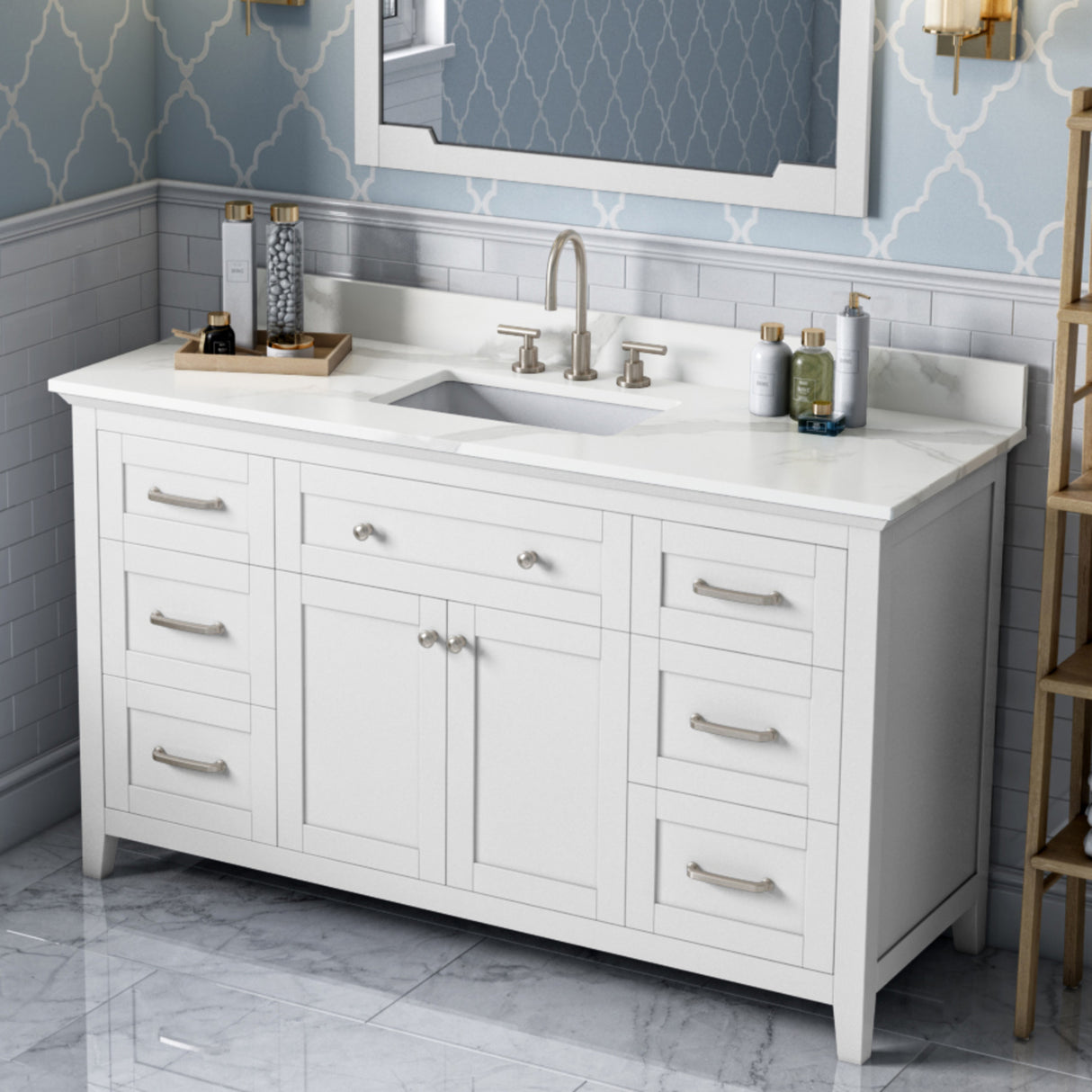Jeffrey Alexander Chatham 60" White Double Sink Bathroom Vanity with Calacatta Vienna Quartz Top - 8 in. Widespread Faucet Top - VKITCHA60SWHCQR product image 2