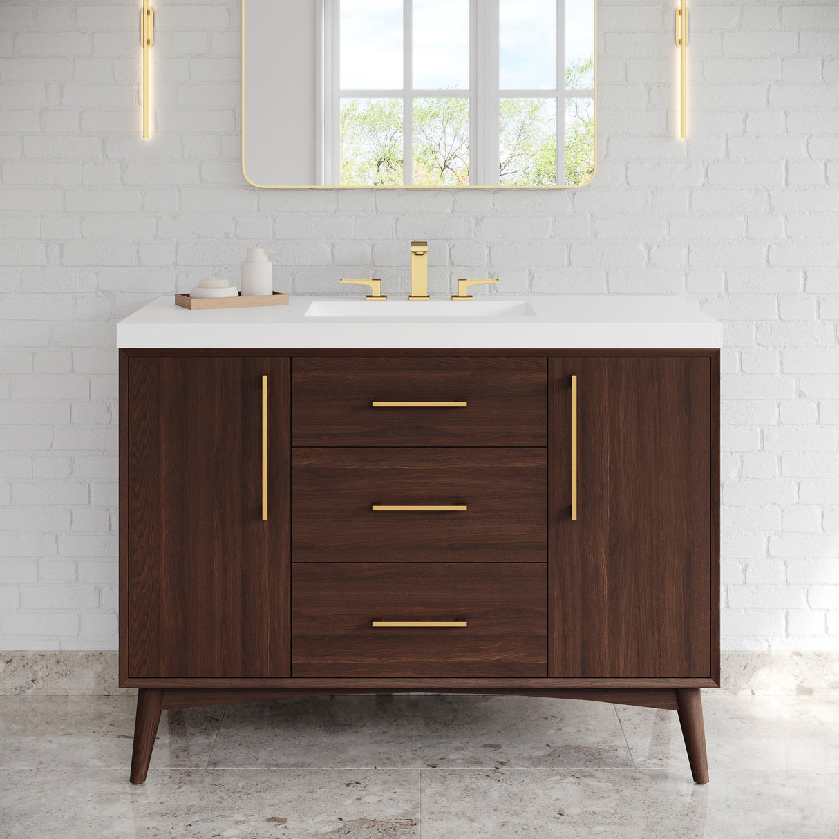 Jeffrey Alexander Dashwood Dark Walnut Single Sink Bathroom Vanity with White Resin Top - 8 in. Widespread Faucet Top - VKITDAS48DWRER