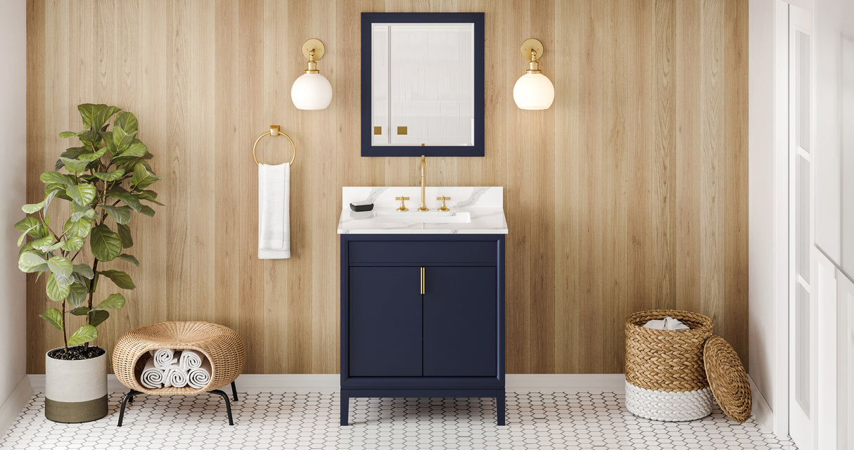 Jeffrey Alexander Theodora 30" Hale Blue Single Sink Bathroom Vanity with Calacatta Vienna Quartz Top - 8 in. Widespread Faucet Top product image 7