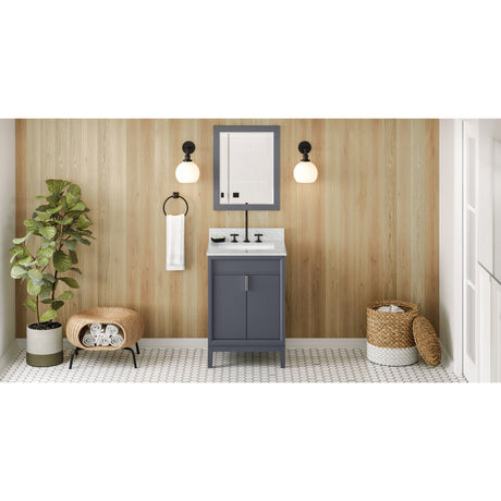 Jeffrey Alexander Theodora 24" Blue Steel Single Sink Bathroom Vanity with White Carrara Marble Top - 8 in. Widespread Faucet Top