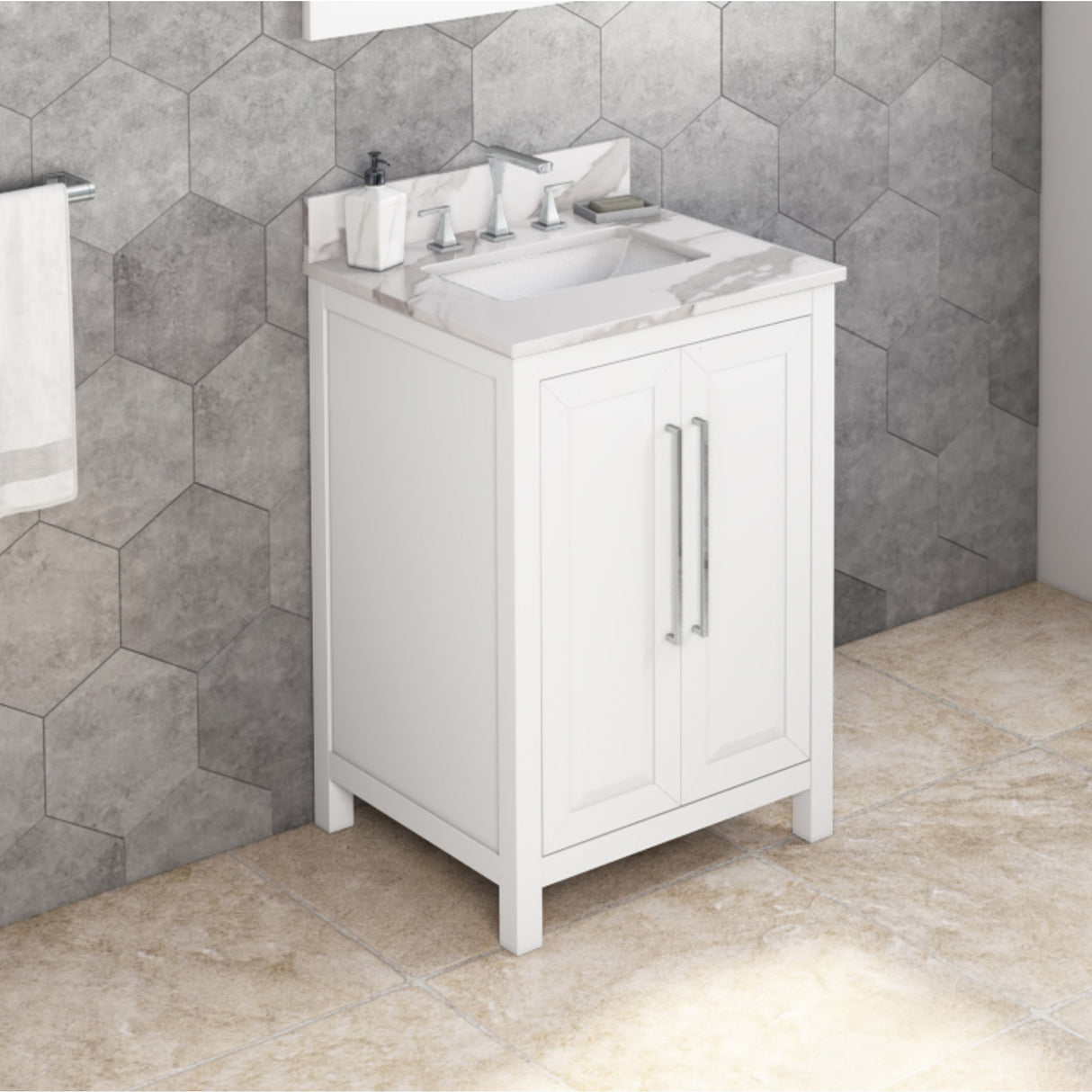 Jeffrey Alexander Cade 24" White Single Sink Bathroom Vanity with Calacatta Vienna Quartz Top - 8 in. Widespread Faucet Top product image 2
