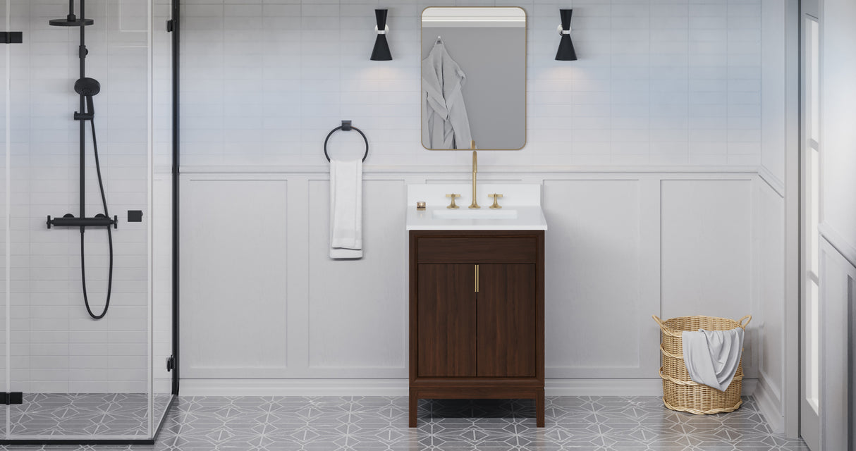 Jeffrey Alexander Theodora 24" Dark Walnut Single Sink Bathroom Vanity with White Quartz Top - 8 in. Widespread Faucet Top - VKITTHE24DWWQR product image 6