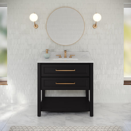 Jeffrey Alexander Kipling 37" Black Single Sink Bathroom Vanity with White Carrara Marble Top - Single-Hole Faucet Top