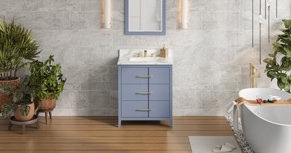 Jeffrey Alexander Katara 30" Blue Steel Single Sink Bathroom Vanity with Calacatta Vienna Quartz Top - 8 in. Widespread Faucet Top product image 7