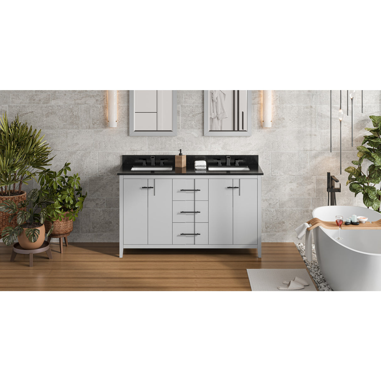Jeffrey Alexander Katara 60" Grey Double Sink Bathroom Vanity with Black Granite Top - 8 in. Widespread Faucet Top
