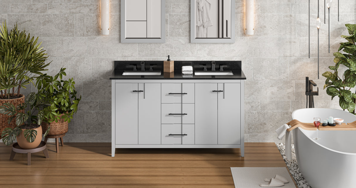Jeffrey Alexander Katara 60" Grey Double Sink Bathroom Vanity with Black Granite Top - 8 in. Widespread Faucet Top product image 6