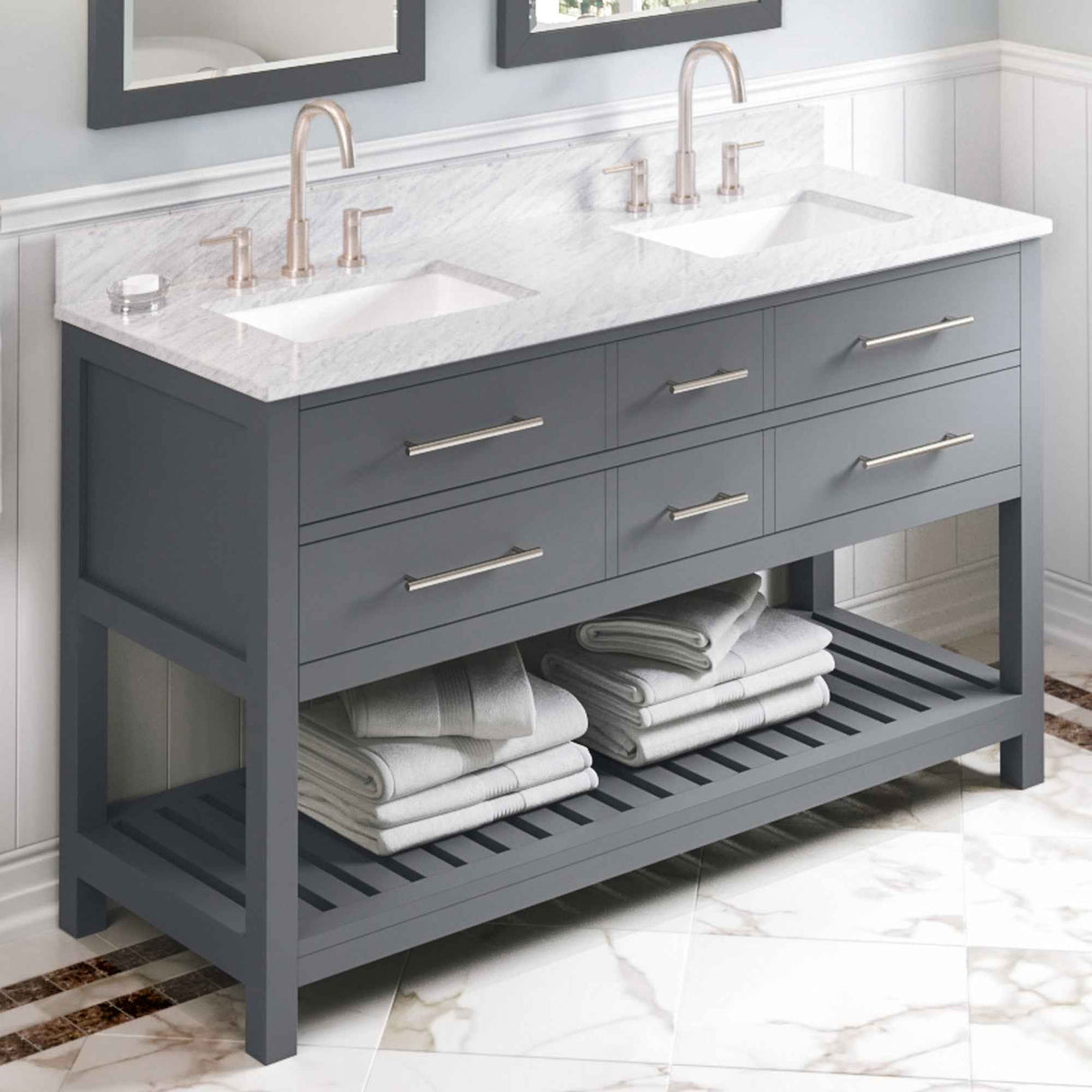Jeffrey Alexander Wavecrest 60" Grey Double Sink Bathroom Vanity with White Carrara Marble Top