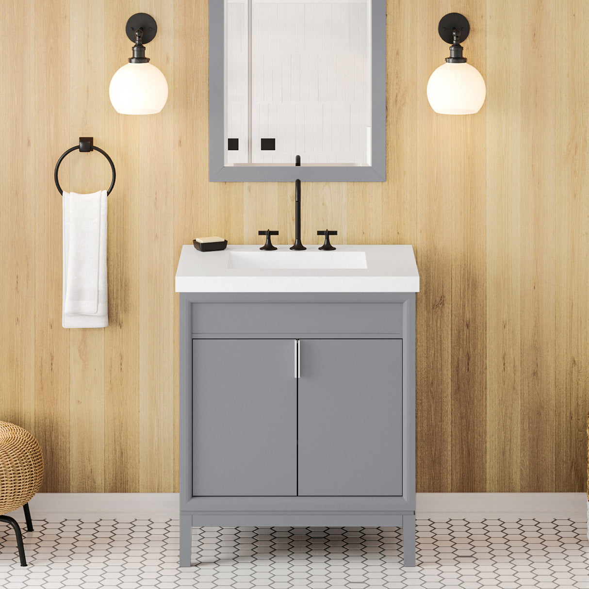 Jeffrey Alexander Theodora 31" Grey Single Sink Bathroom Vanity with White Resin Top - 8 in. Widespread Faucet Top