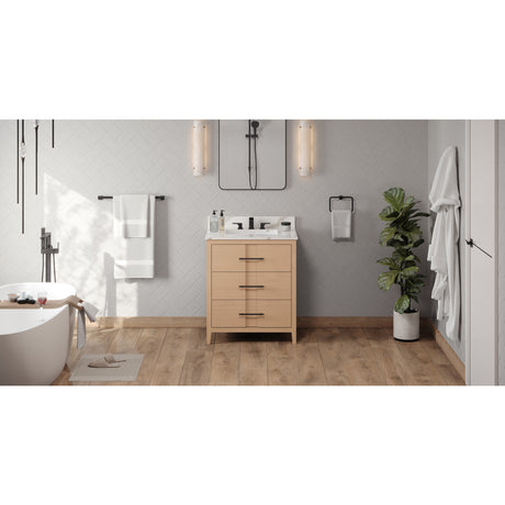 Jeffrey Alexander Katara 30" Natural Oak Single Sink Bathroom Vanity with Calacatta Vienna Quartz Top - 8 in. Widespread Faucet Top