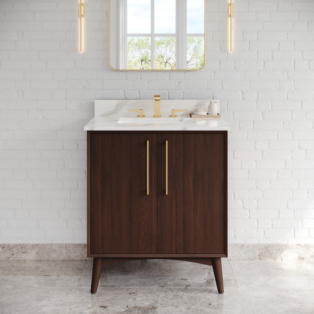 Jeffrey Alexander Dashwood Dark Walnut Single Sink Bathroom Vanity with Calacatta Vienna Quartz Top - Single-Hole Faucet Top - VKITDAS30DWCQR