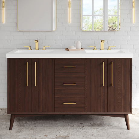 Jeffrey Alexander Dashwood 60" Dark Walnut Double Sink Bathroom Vanity with White Resin Top - 8 in. Widespread Faucet Top