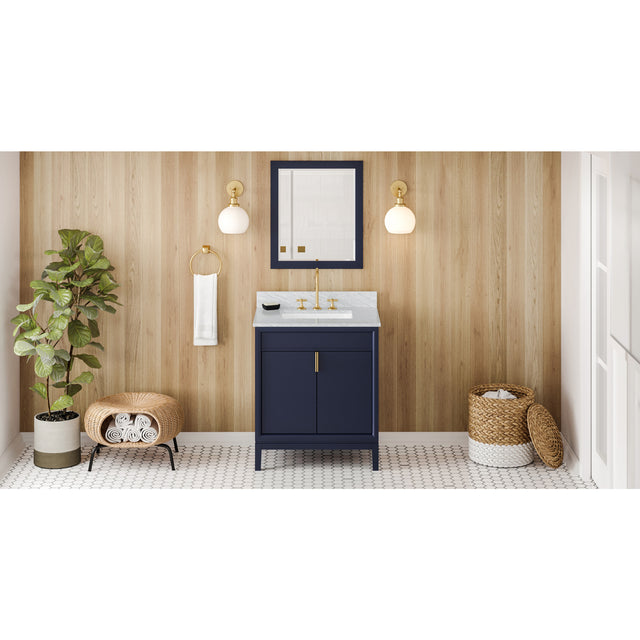 Jeffrey Alexander Theodora 30" Hale Blue Single Sink Bathroom Vanity with White Carrara Marble Top - 8 in. Widespread Faucet Top