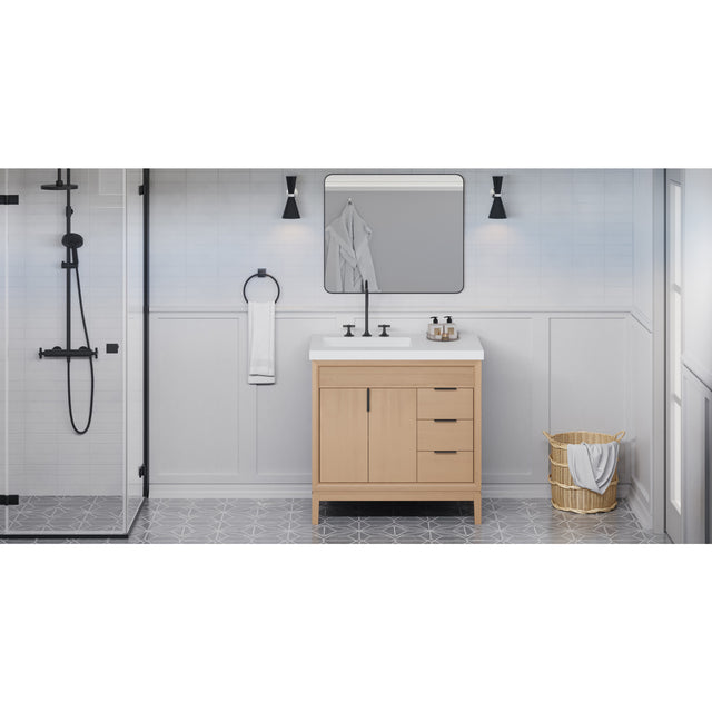Jeffrey Alexander Theodora 36" Natural Oak Single Sink Bathroom Vanity with White Resin Top - 8 in. Widespread Faucet Top