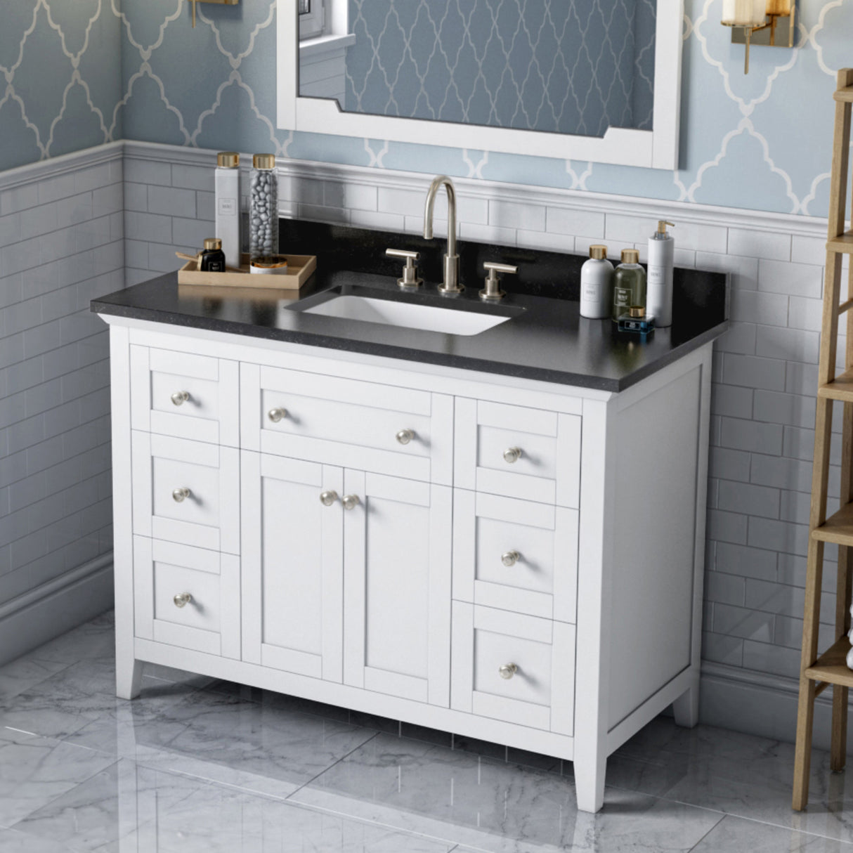 Jeffrey Alexander Chatham 48" White Single Sink Bathroom Vanity with Black Granite Top - 8 in. Widespread Faucet Top product image 2