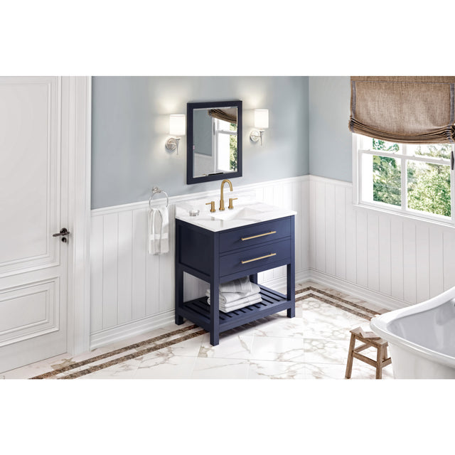 Jeffrey Alexander Wavecrest 36" Hale Blue Single Sink Bathroom Vanity with Calacatta Vienna Quartz Top - 8 in. Widespread Faucet Top