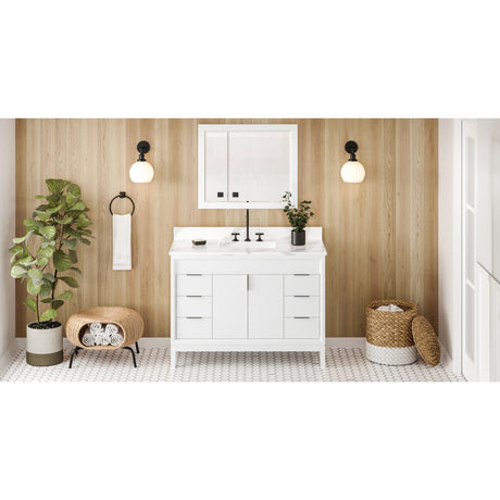 Jeffrey Alexander Theodora 48" White Single Sink Bathroom Vanity with Calacatta Vienna Quartz Top - 8 in. Widespread Faucet Top