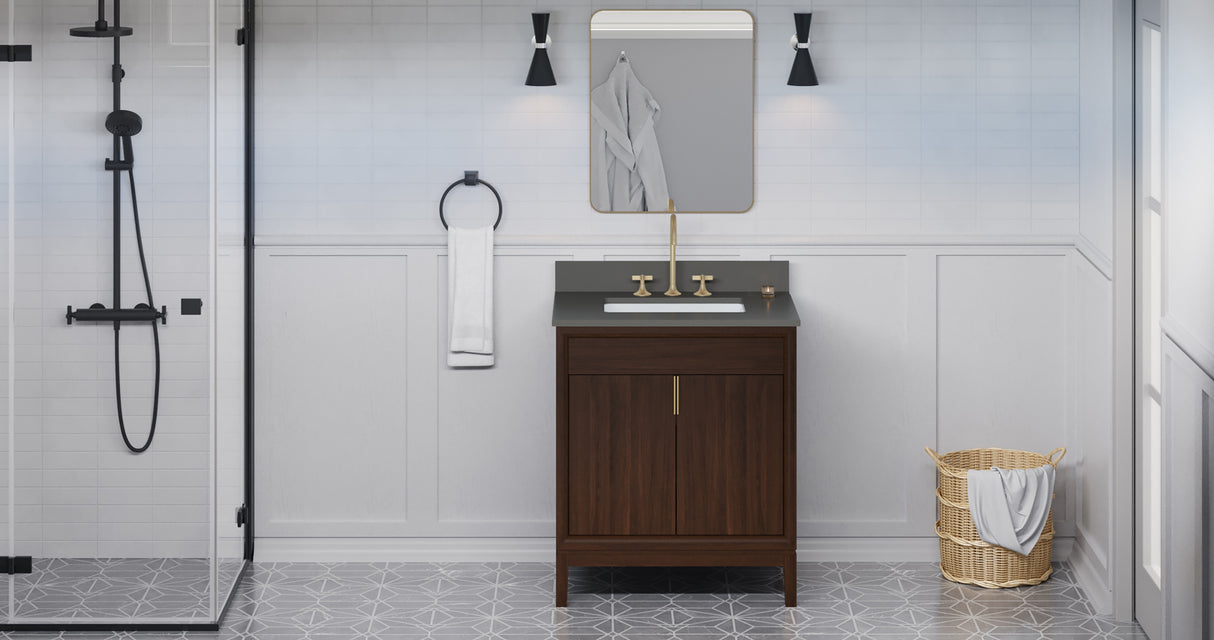 Jeffrey Alexander Theodora 30" Dark Walnut Single Sink Bathroom Vanity with Grey Quartz Top - 8 in. Widespread Faucet Top product image 6