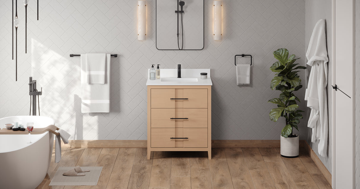 Jeffrey Alexander Katara 30" Natural Oak Single Sink Bathroom Vanity with White Quartz Top - 8 in. Widespread Faucet Top - VKITKAT30NOWQR1 product image 6
