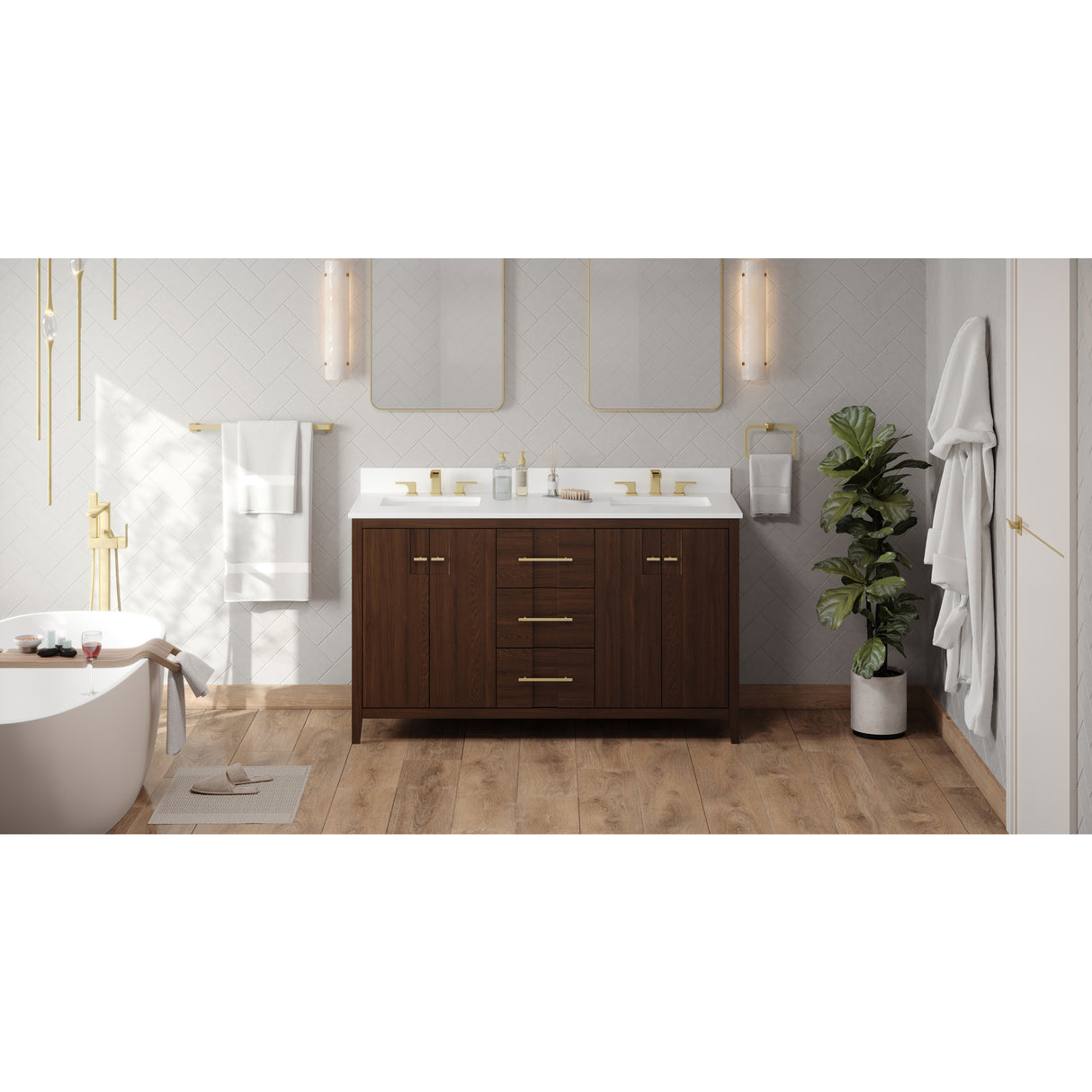 Jeffrey Alexander Katara 60" Dark Walnut Double Sink Bathroom Vanity with White Quartz Top - 8 in. Widespread Faucet Top