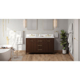 Jeffrey Alexander Katara 60" Dark Walnut Double Sink Bathroom Vanity with White Quartz Top - 8 in. Widespread Faucet Top