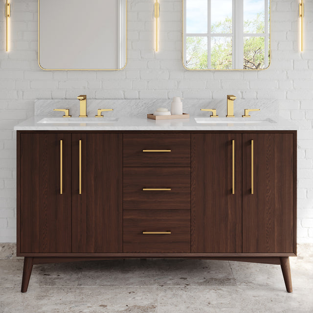 Jeffrey Alexander Dashwood 60" Dark Walnut Double Sink Bathroom Vanity with White Carrara Marble Top - 8 in. Widespread Faucet Top