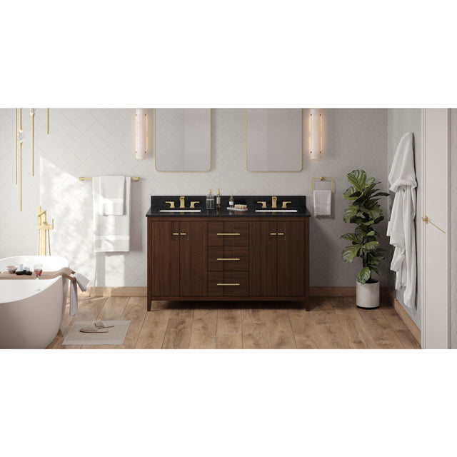 Jeffrey Alexander Katara 60" Dark Walnut Double Sink Bathroom Vanity with Black Granite Top - 8 in. Widespread Faucet Top