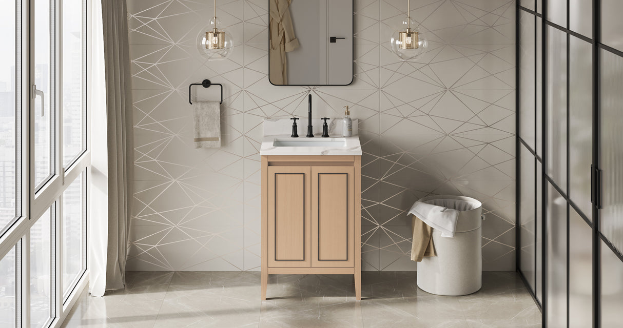 Jeffrey Alexander Percival 24" Natural Oak Single Sink Bathroom Vanity with Calacatta Vienna Quartz Top - 8 in. Widespread Faucet Top product image 6