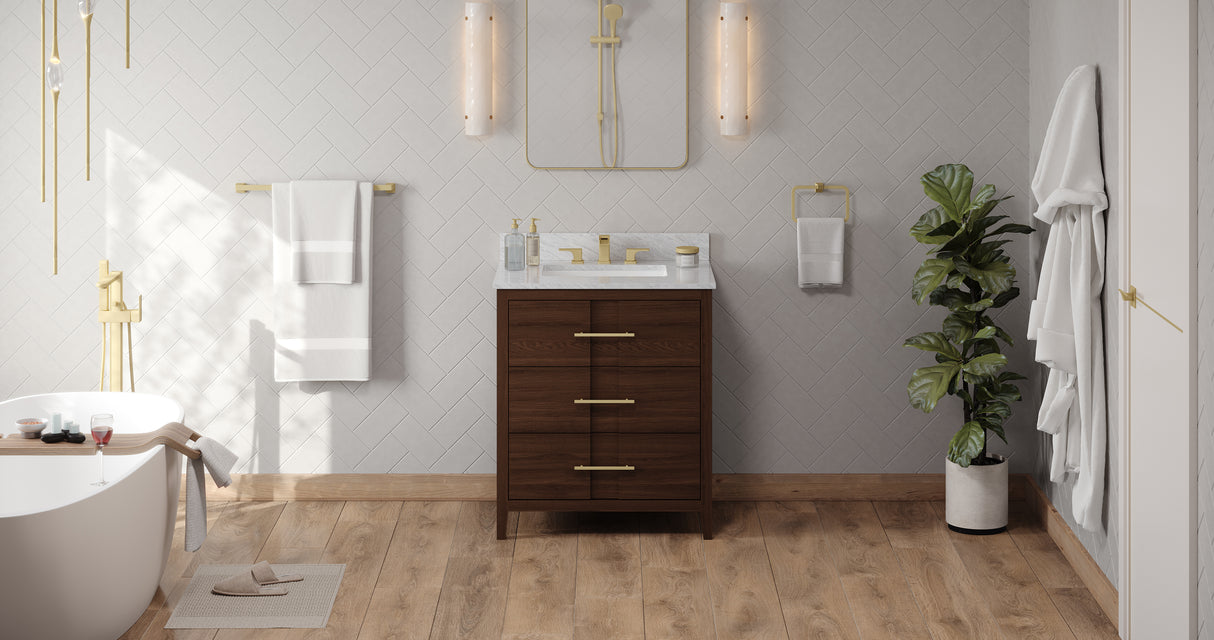 Jeffrey Alexander Katara 30" Dark Walnut Single Sink Bathroom Vanity with White Carrara Marble Top - 8 in. Widespread Faucet Top product image 6
