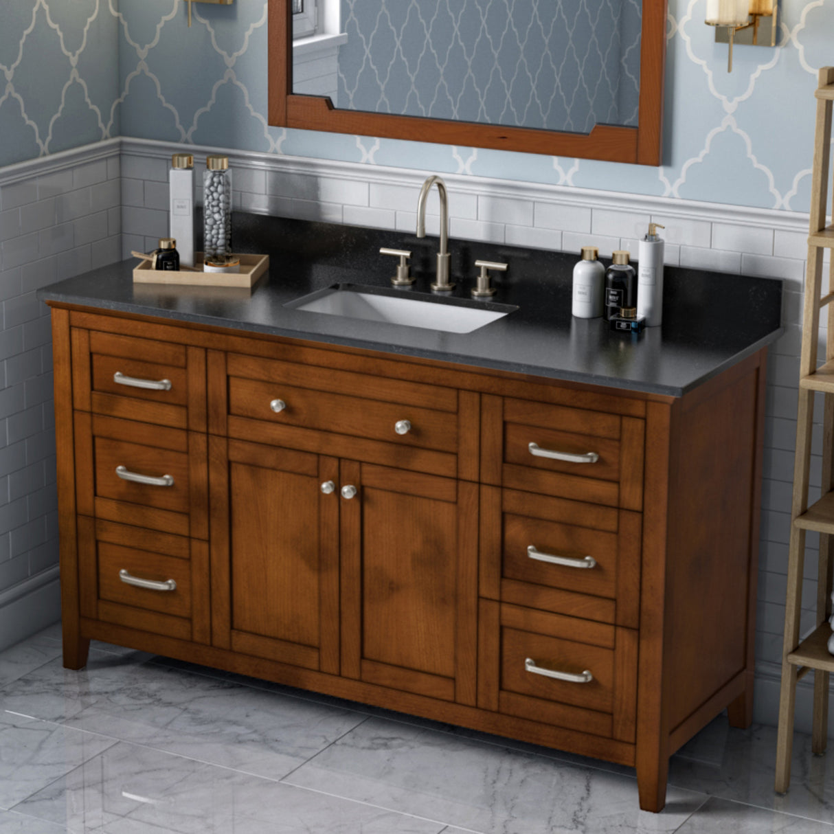 Jeffrey Alexander Chatham 60" Chocolate Double Sink Bathroom Vanity with Black Granite Top - 8 in. Widespread Faucet Top - VKITCHA60SCHBGR product image 2