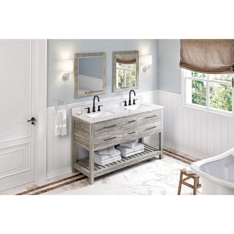 Jeffrey Alexander Wavecrest 60" Weathered Grey Double Sink Bathroom Vanity with White Carrara Marble Top - 8 in. Widespread Faucet Top
