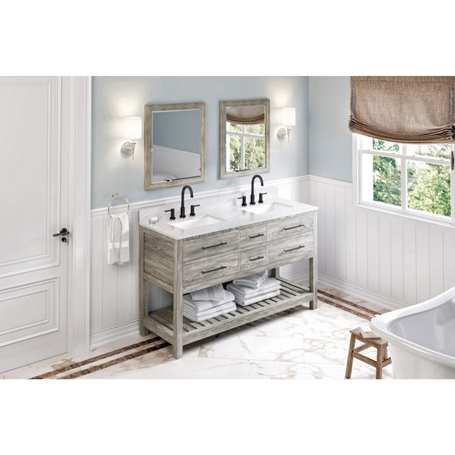 Jeffrey Alexander Wavecrest 60" Weathered Grey Double Sink Bathroom Vanity with White Carrara Marble Top - 8 in. Widespread Faucet Top