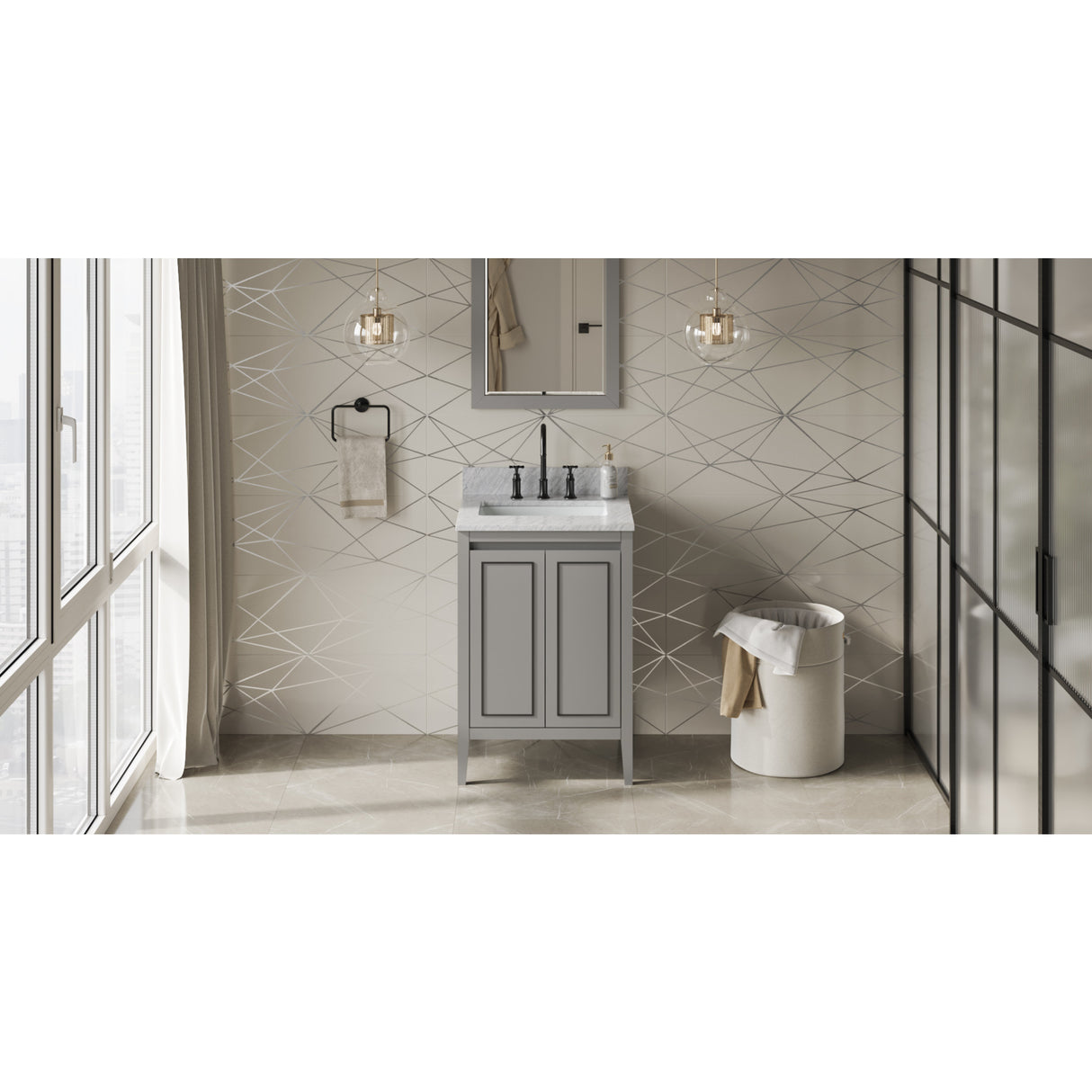 Jeffrey Alexander Percival 24" Grey Single Sink Bathroom Vanity with White Carrara Marble Top - 8 in. Widespread Faucet Top