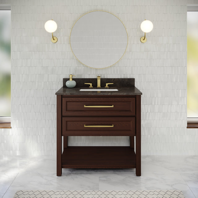 Jeffrey Alexander Kipling 37" Dark Walnut Single Sink Bathroom Vanity with Blue Limestone Top - Single-Hole Faucet Top