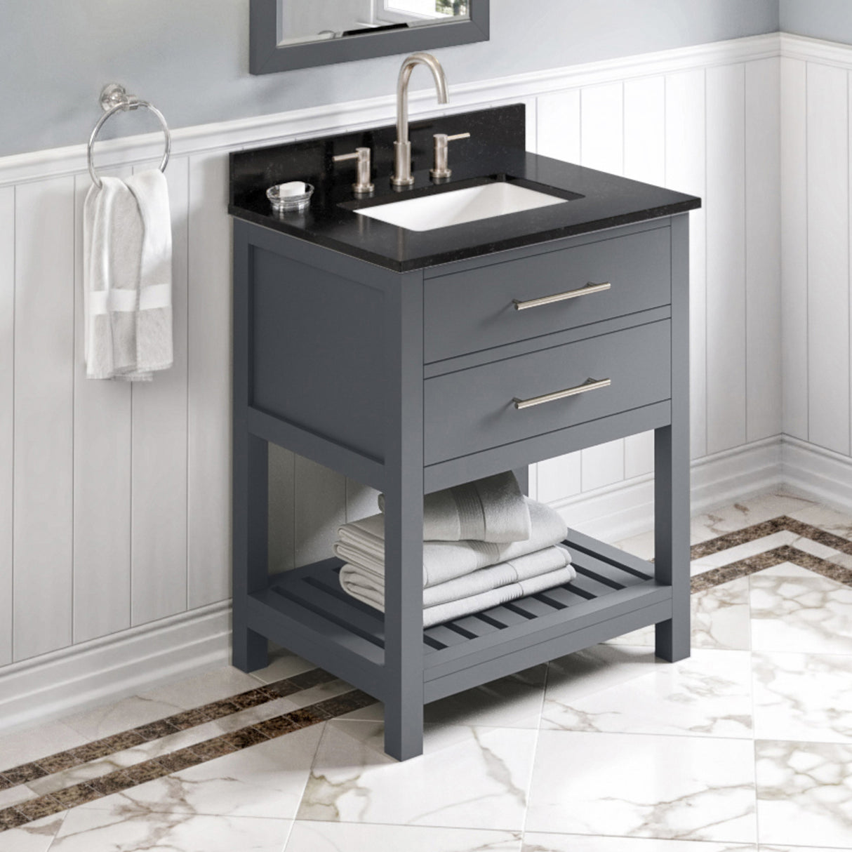 Jeffrey Alexander Wavecrest 30" Grey Single Sink Bathroom Vanity with Black Granite Top - 8 in. Widespread Faucet Top product image 2