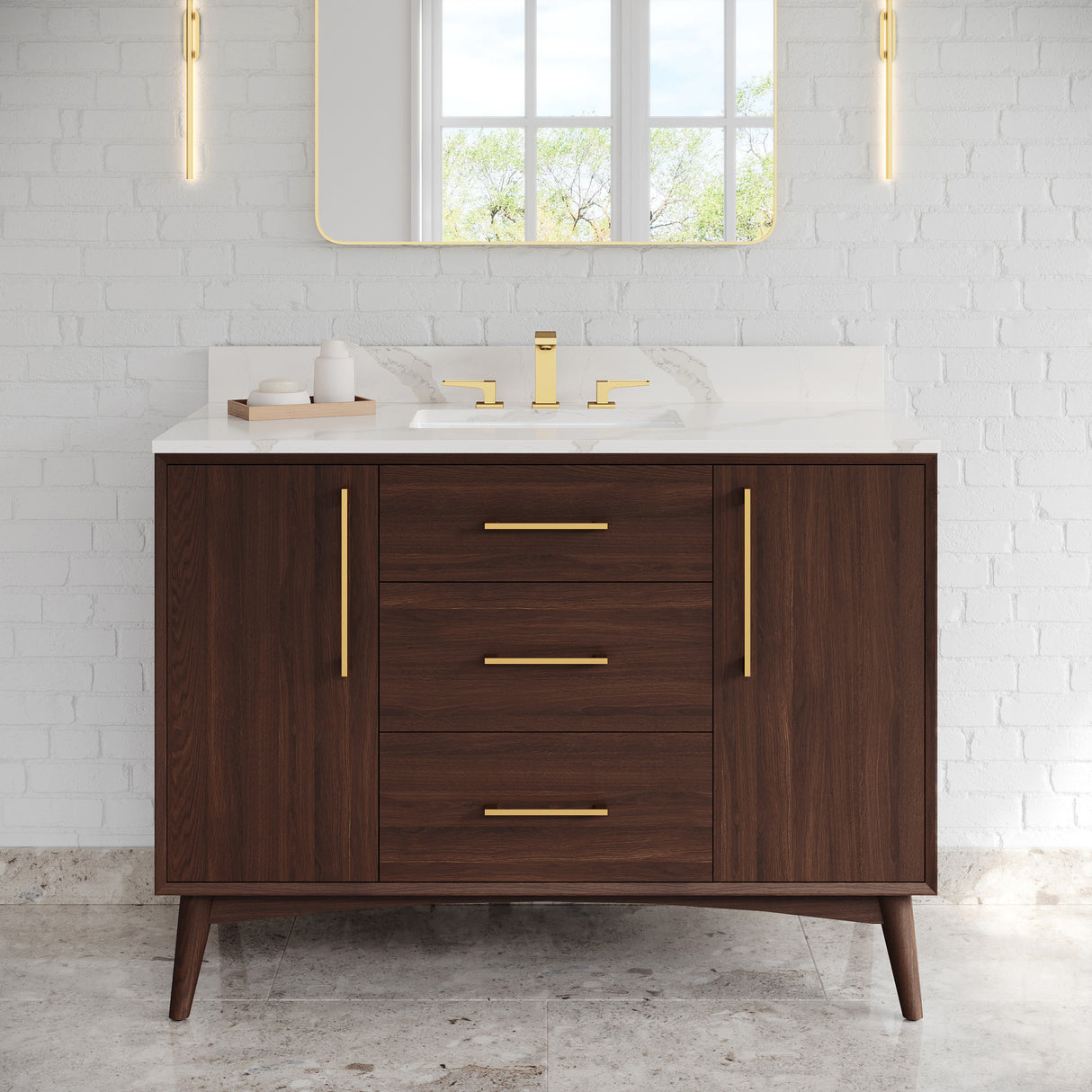 Jeffrey Alexander Dashwood Dark Walnut Single Sink Bathroom Vanity with Calacatta Vienna Quartz Top - 8 in. Widespread Faucet Top - VKITDAS48DWCQR