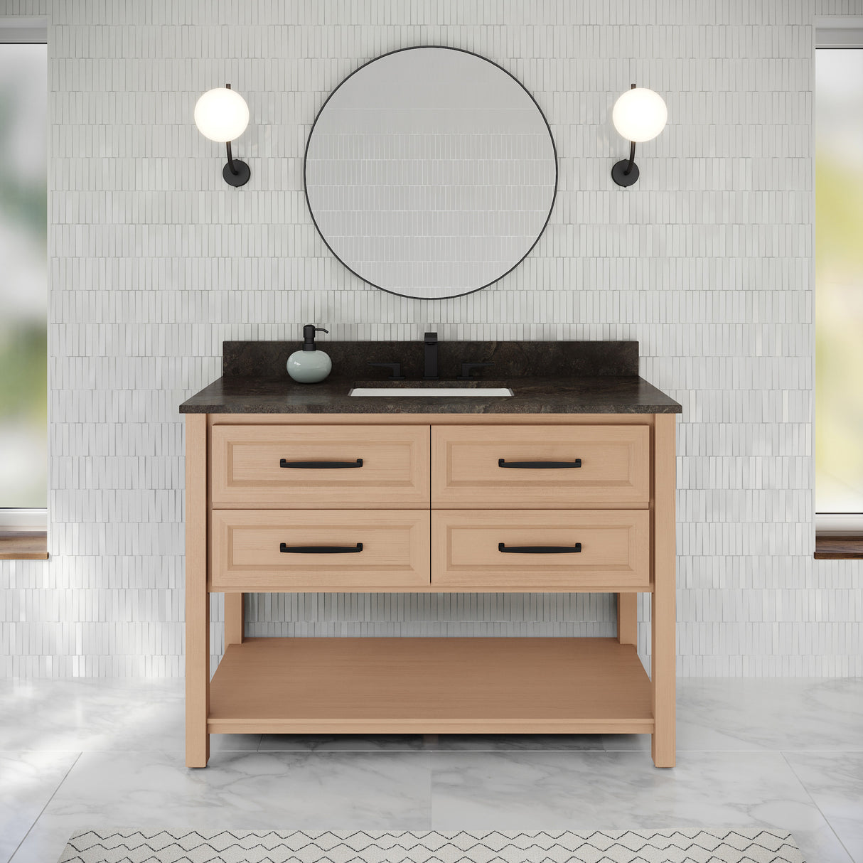 Jeffrey Alexander Kipling 49" Natural Oak Single Sink Bathroom Vanity with Blue Limestone Top - Single-Hole Faucet Top