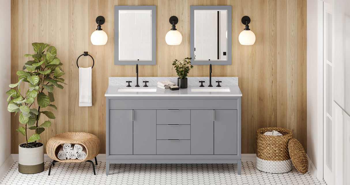Jeffrey Alexander Theodora 60" Grey Double Sink Bathroom Vanity with White Carrara Marble Top - 8 in. Widespread Faucet Top product image 7
