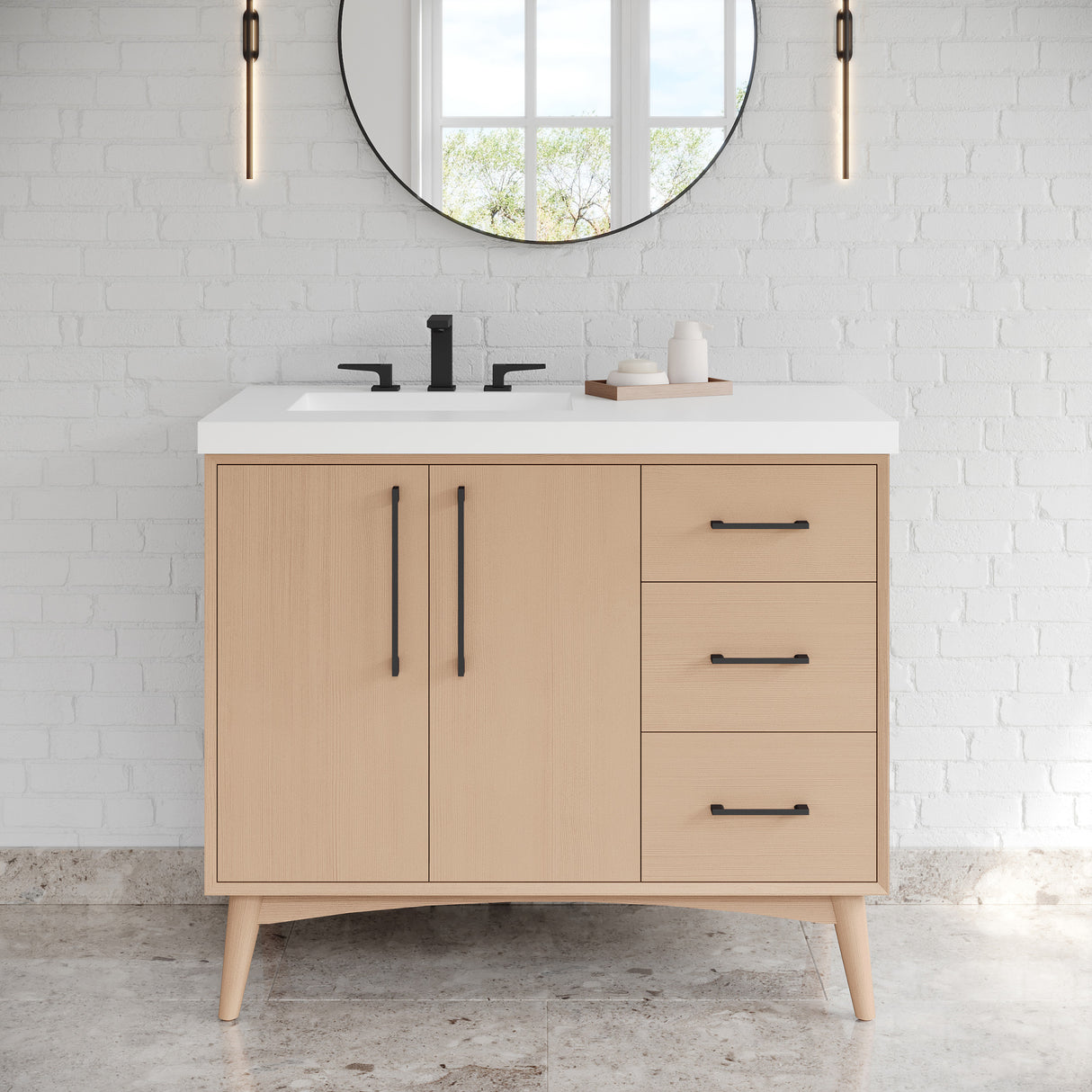 Jeffrey Alexander Dashwood Natural Oak Single Sink Bathroom Vanity with White Resin Top - 8 in. Widespread Faucet Top - VKITDAS42NORER