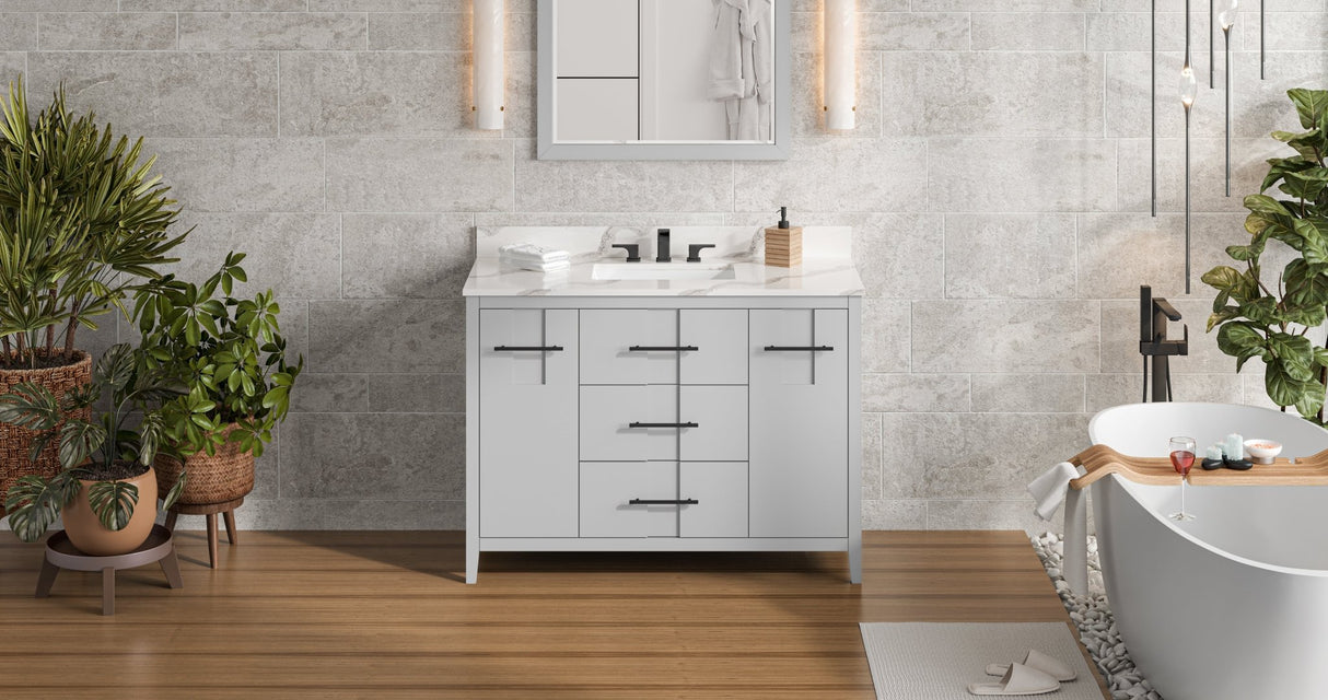 Jeffrey Alexander VKITKAT48GRCQR Katara 48" Grey Single Sink Bathroom Vanity with Calacatta Vienna Quartz Top - 8 in. Widespread Faucet Top