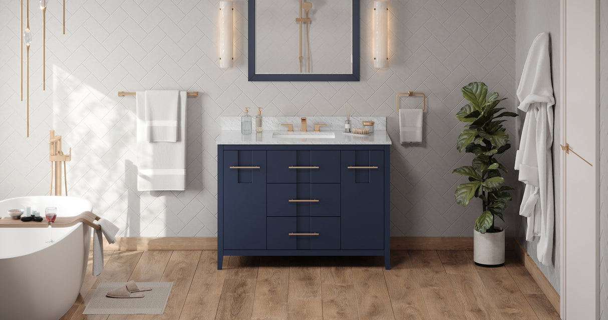 Jeffrey Alexander VKITKAT48BLWCR Katara 48" Hale Blue Single Sink Bathroom Vanity with White Carrara Marble Top - 8 in. Widespread Faucet Top