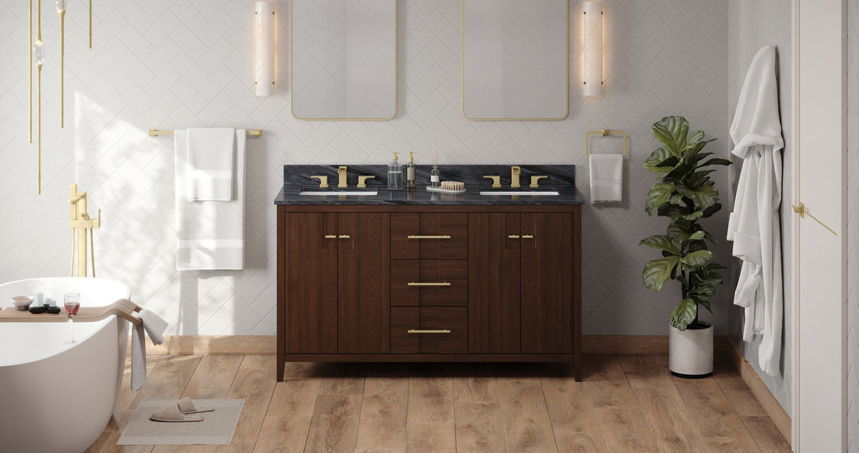 Jeffrey Alexander VKITKAT60DWMGR Katara 60" Dark Walnut Double Sink Bathroom Vanity with Grey Marble Top - 8 in. Widespread Faucet Top