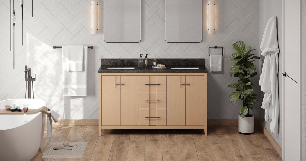 Jeffrey Alexander VKITKAT60NOLSR Katara 60" Natural Oak Double Sink Bathroom Vanity with Blue Limestone Top - 8 in. Widespread Faucet Top